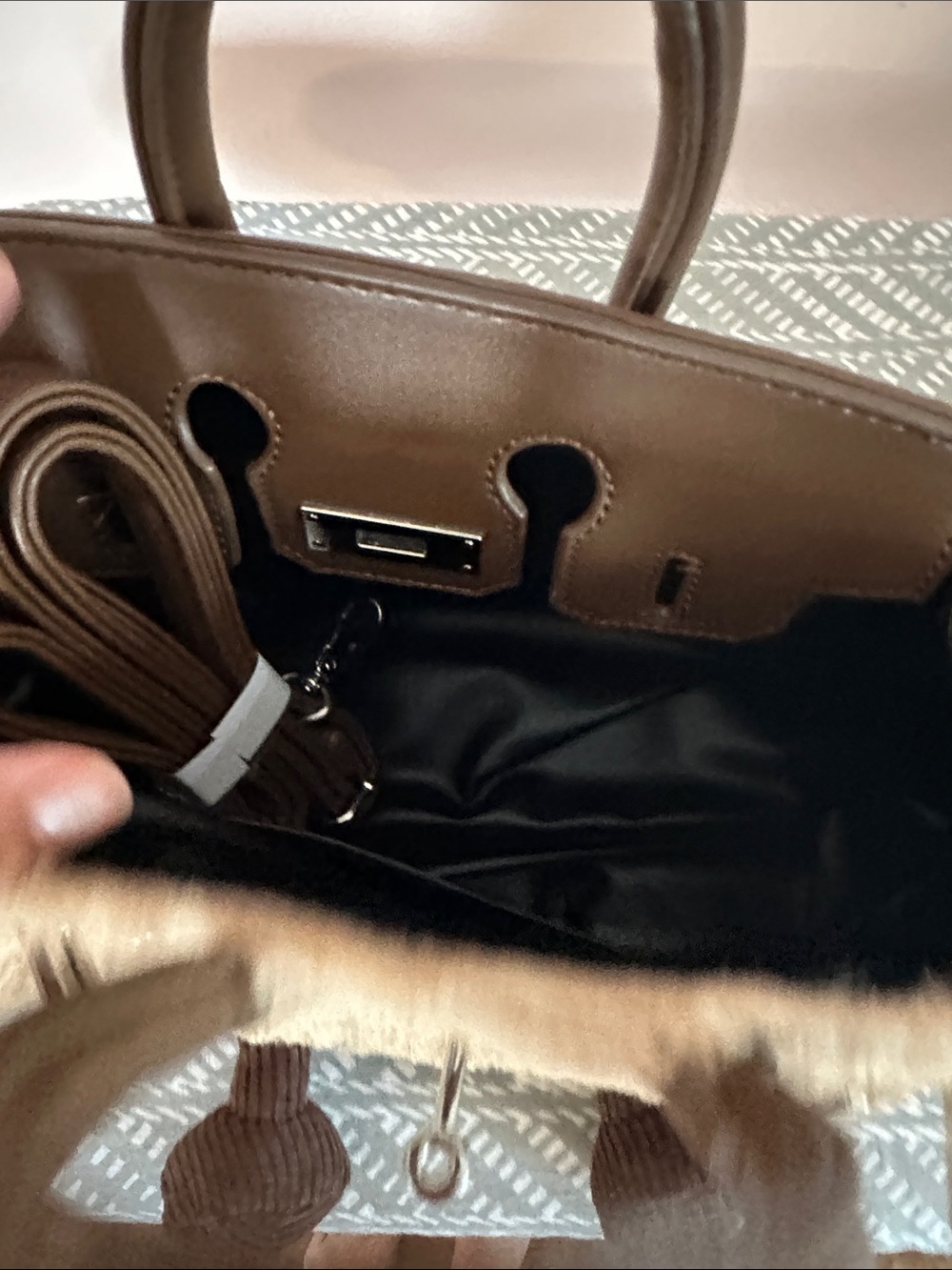 Plush Faux Fur Smile Tote in Light Brown - Picture 2 of 3
